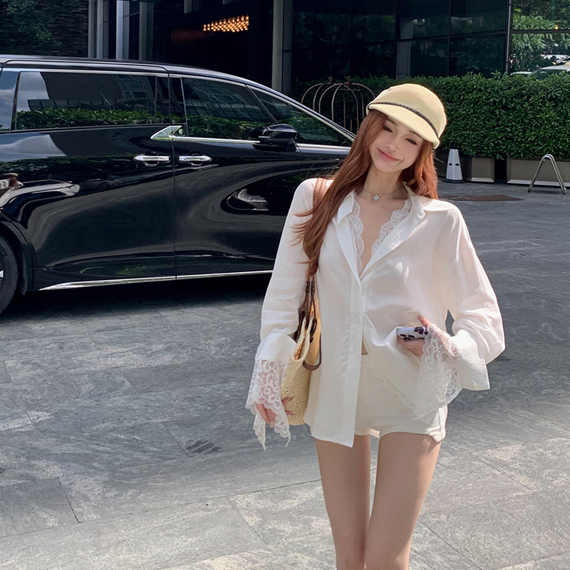 Summer White Lace Splicing Lapel Fake Two-Piece Sun Protection Shirt Jacket Women's Long-Sleeved Thin Casual Loose Top