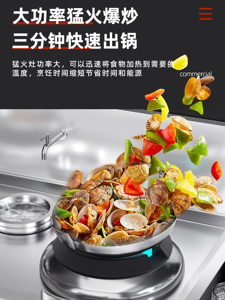 Commercial High-Fire Stove, Stainless Steel, Energy-Saving, Single/Double Gas Stove, Natural Gas, Liquefied Gas, Restaurant-Specific Stove with Fan