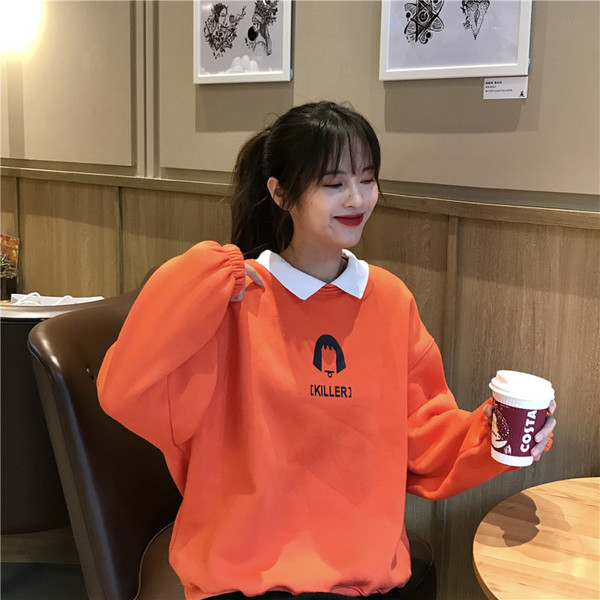 OrangeFake two Sweater girl spring and autumn winter clothes 2021 new pattern junior middle school high school student Korean version Plush thickening Put on your clothes