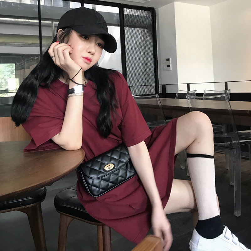 牛油果绿宽松中长款纯色短袖t恤女2025新款ins时尚夏季上衣服洋气