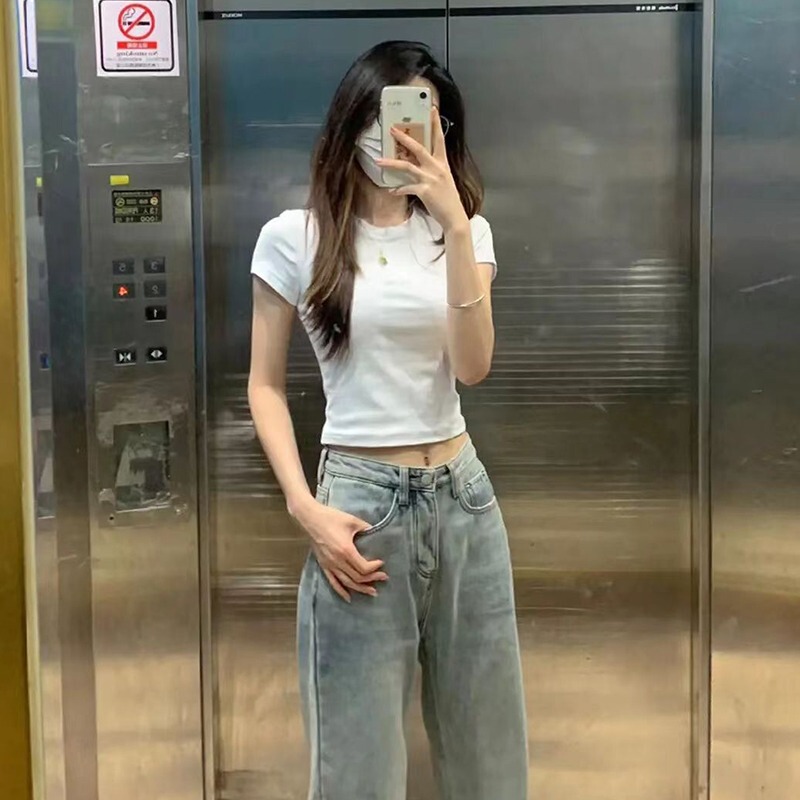 Pure Cotton White Short-Sleeved T-Shirt for Women, New Summer Style, Solid Color T-Shirt, Slim Fit, Regular Shoulder Top, Short Style for Petite Figures Pure Cotton White Short-Sleeved T-Shirt for Women, New Summer Style, Solid Color T-Shirt, Slim Fit, Regular Shoulder Top, Short Style for Petite Figures
