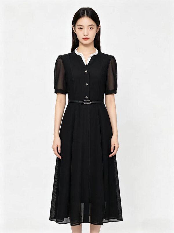 2026 New Summer Women's Clothing Black Gauze Dress with Contrasting Colors, Simple Style, Slim Fit, Elegant V-Neck Long Dress