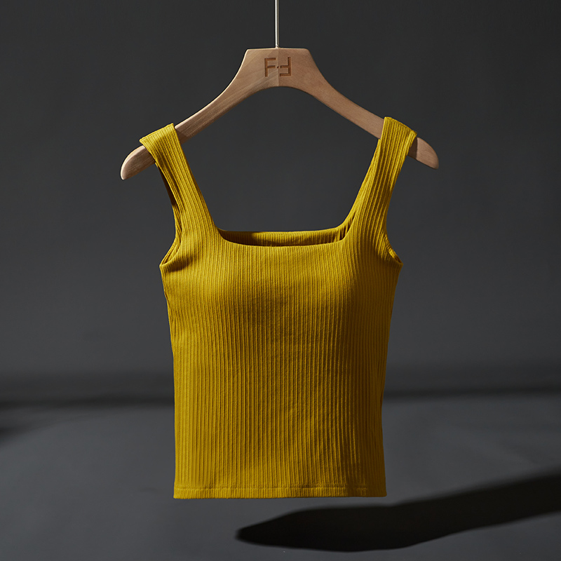 DOAH camisole women's summer chest pad one-piece loose rib yellow Joker outside square collar backing