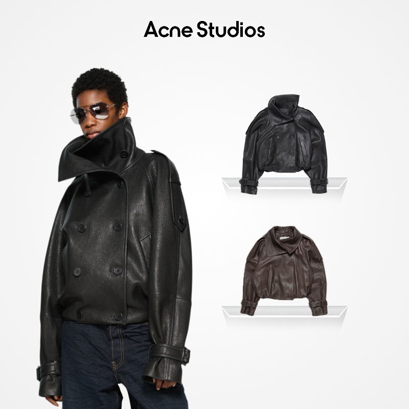 [3 Installments Interest-Free][New Product] Acne Studios Women's Double-Breasted Logo Short Leather Jacket