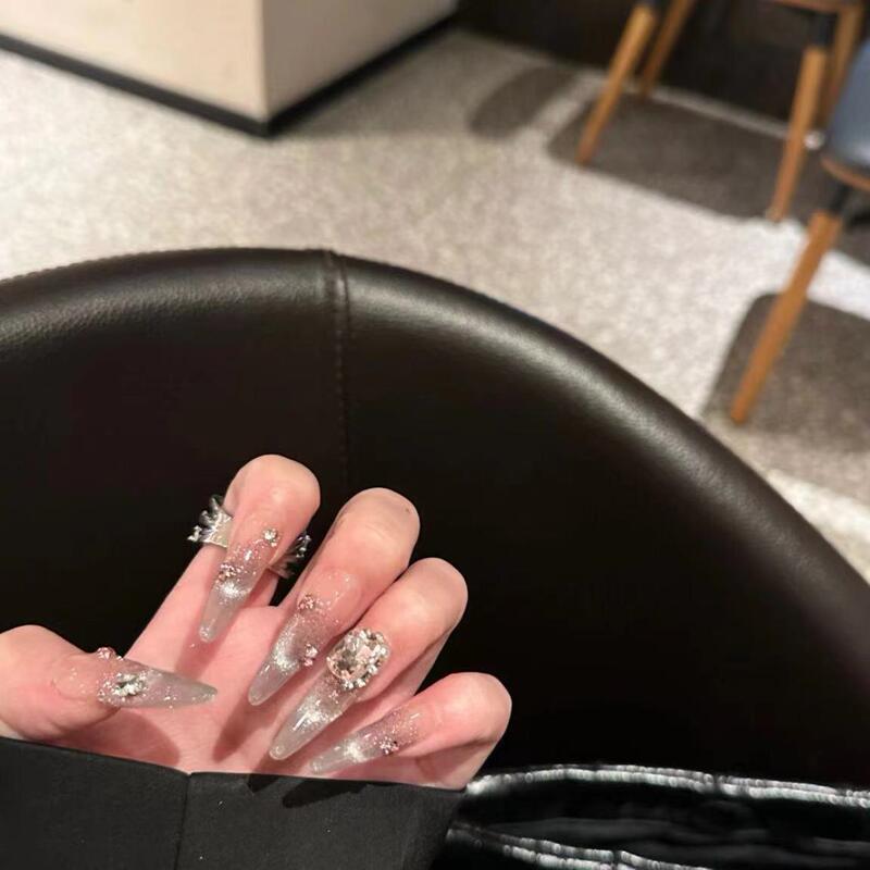 Handmade French Cat-Eye Nails with a Pure and Alluring Style, Enhancing Fair Skin, Dazzling and Luxurious, Long Pointed High-End Nail Patches