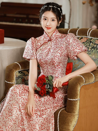 Ципао, бордовое цветное вечернее платье, наряд маленькой принцессы, китайский стиль, изысканный стиль