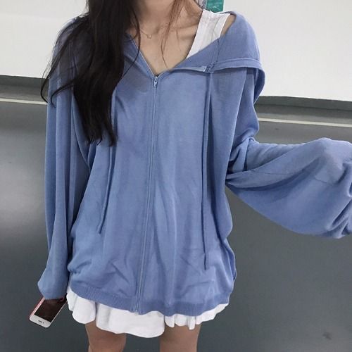 lụa băng mỏng dài tay phụ nữ knitshirt của mùa hè Hàn Quốc loose-fitting đội mũ trùm đầu áo nịt áo khoác nắng Pháp bảo vệ đầu