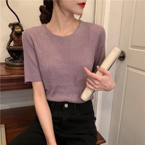 Mùa hè Hàn Quốc phiên bản ngắn tay dệt kim nữ loose-fitting bộ mỏng mỏng băng lụa ròng đỏ đầu chic