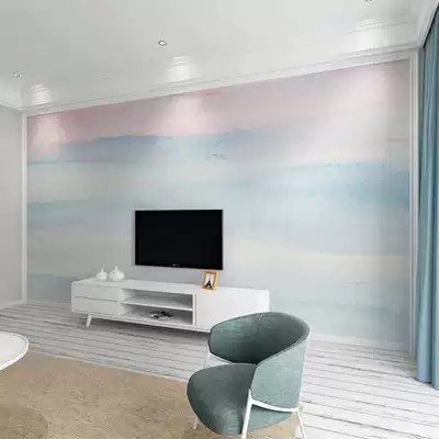 3d手繪創意藝術粉藍系壁紙臥室牀頭雲海壁布背景牆簡約影視壁紙
