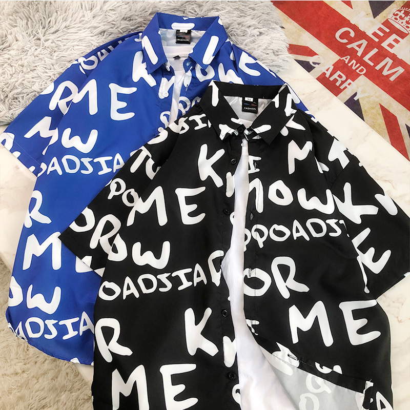 Letter-Printed Shirt for Men, Hawaiian Short-Sleeved Shirt, Trendy Loose Thin Casual Couple Beach Top