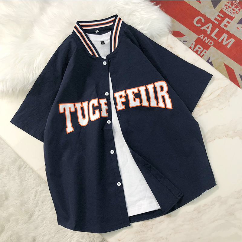 Baseball Collar Short-Sleeved Shirt for Men, Summer Thin Style, European and American Trendy Brand Letter Print, Loose Trendy Shirt, Men's Trendy Jacket