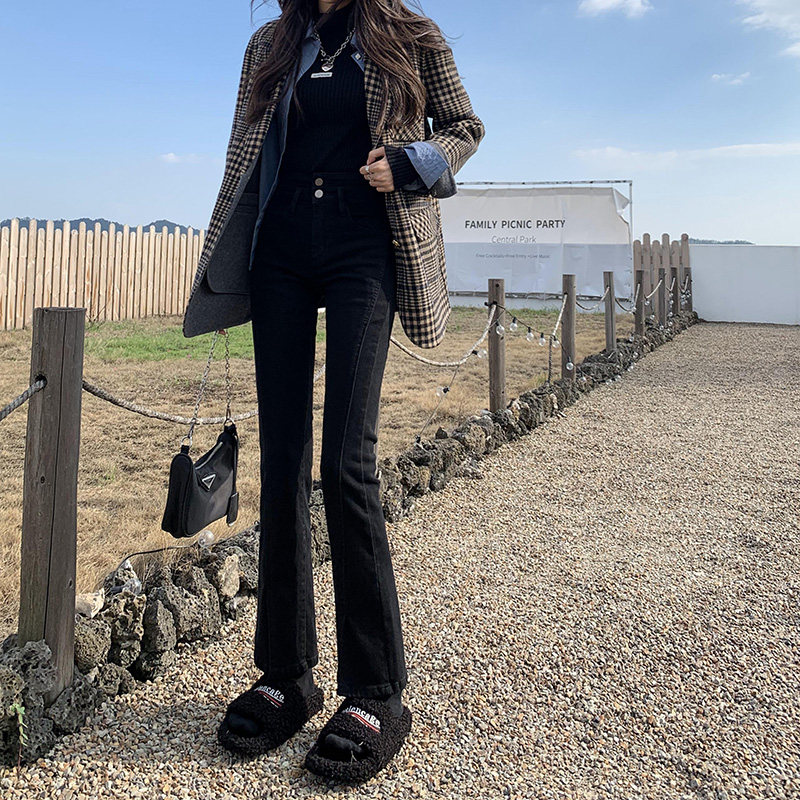 2021 new autumn and winter black micro-la jeans women high waist slim niche design sense split horn pants