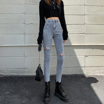 Summer new rotten hole jeans women tight small feet pants slim thin pencil pants spring and autumn thin
