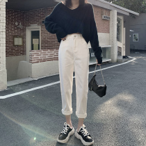 2021 new fall winter white jeans women plus velvet straight tube loose high waist small Harlan radish pants