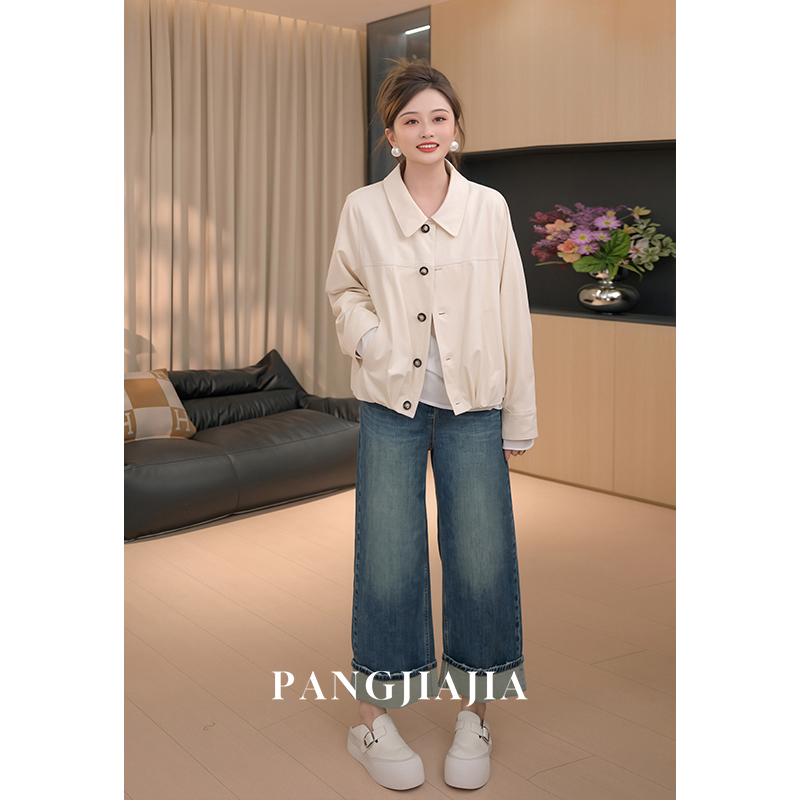 【Fat Jia Jia】Eight-Way Stretch Cigarette Pants, Autumn Denim Pants for Women, High-Waisted Straight-Leg, Plus-Size, Cuffed Casual Long Pants