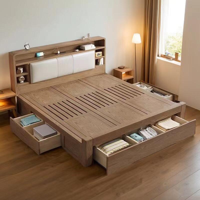 Solid Wood Bed Ash Wood Drawer Storage Double Bed Nordic Style Solid Wood 2m by 2.2m Master Bedroom Large Bed