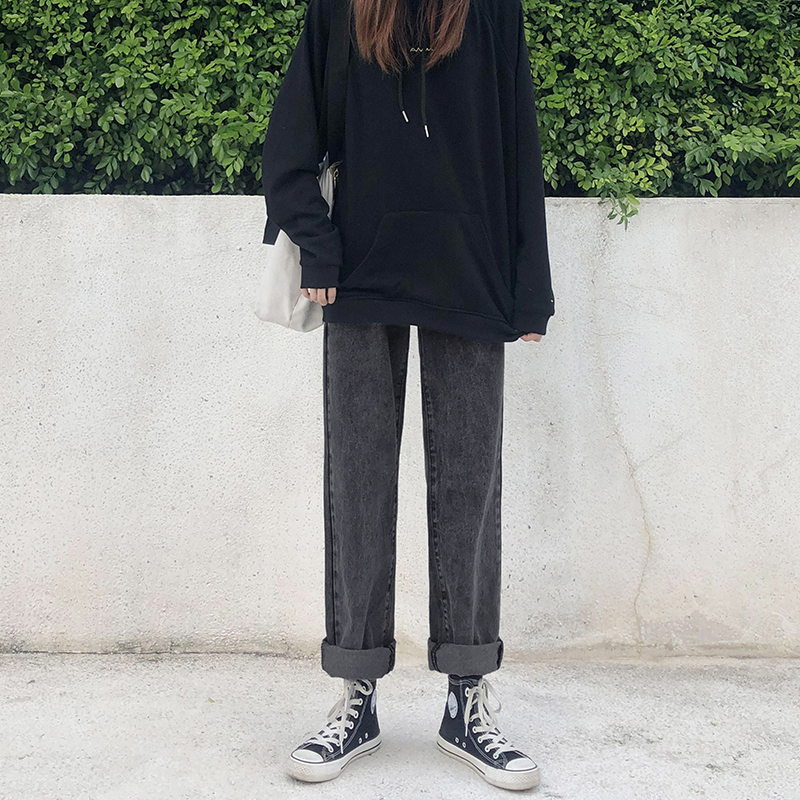 Smoke - gray jeans female straight tube loose in spring and summer 2023 new small, thin and high - legged long pants