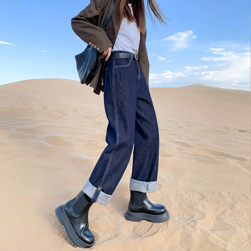 Dark Blue Straight-Leg High-Waisted Jeans for Women, Summer 2026 New Popular Versatile Loose Wide-Leg Pants for Petite Figures