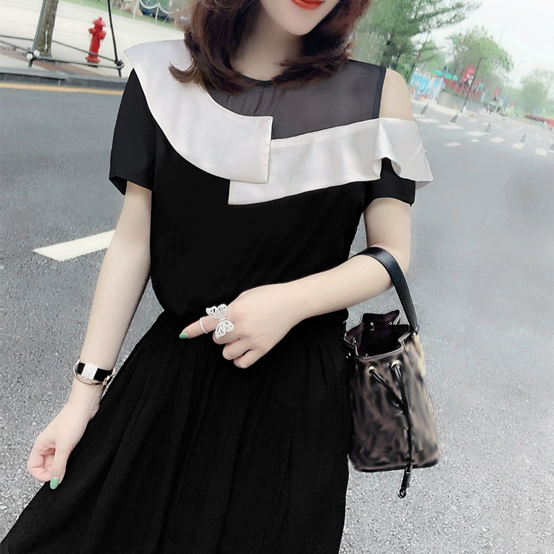 Áo dài đen lệch vai tay bèo thanh lịch có chiết eo - váy đầm
