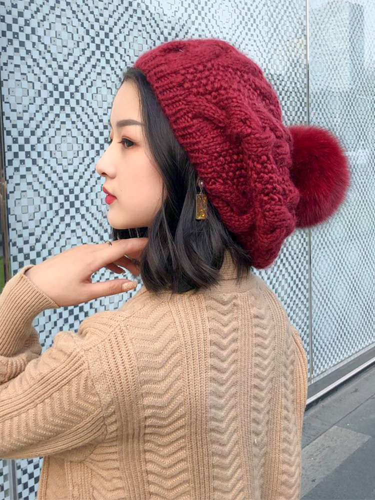  South Korean fox fur wool line hat women's fashion 100 hitch winter warm beilei hat twist berets