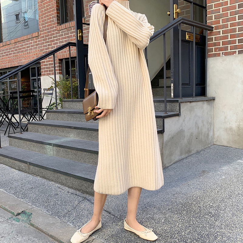 New Products High Collar Thickened Loose Women's Clothing 2022 Autumn Winter New knee sweater with long version of knitted foreign dress