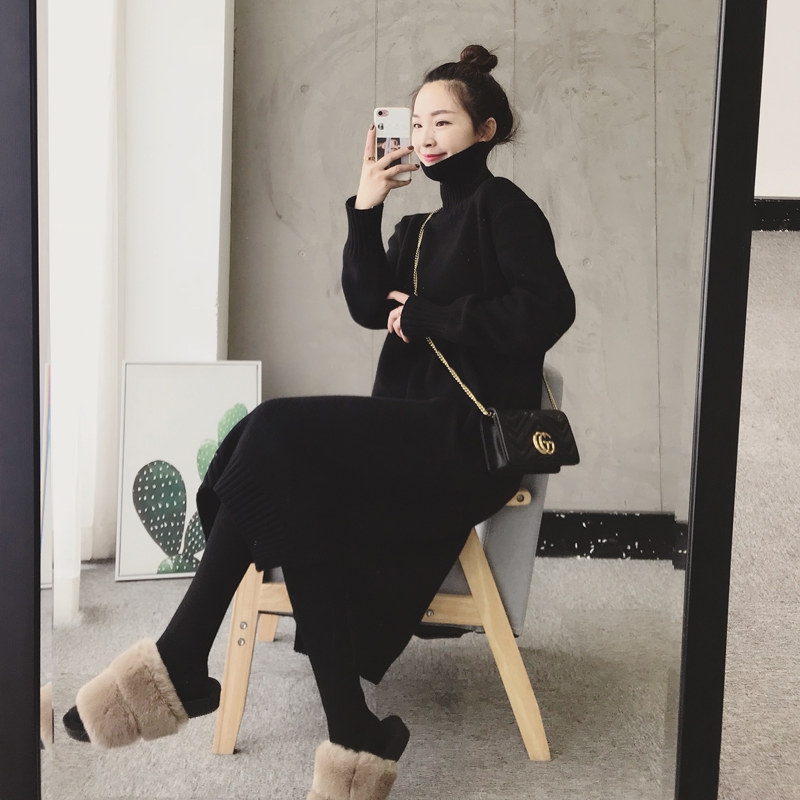 High-neck mid-length sweater skirt women's 2022 new autumn and winter loose and thickened bottoming with over-the-knee knitted dress