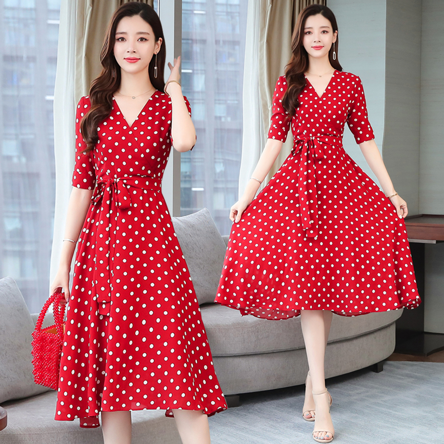 2022 Spring loaded with new temperament V neckline Potting over knee snowspun foreign dress Red dress Vintage Fairy Skirt