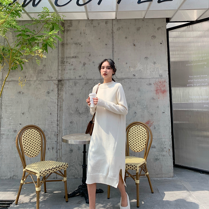 Knitted Ocean Dress Women's Clothing Autumn Winter 2022 New Loose Beating Bottom Mesh Red Medium Long Version Lazy Open Fork Sweater Skirt Woman