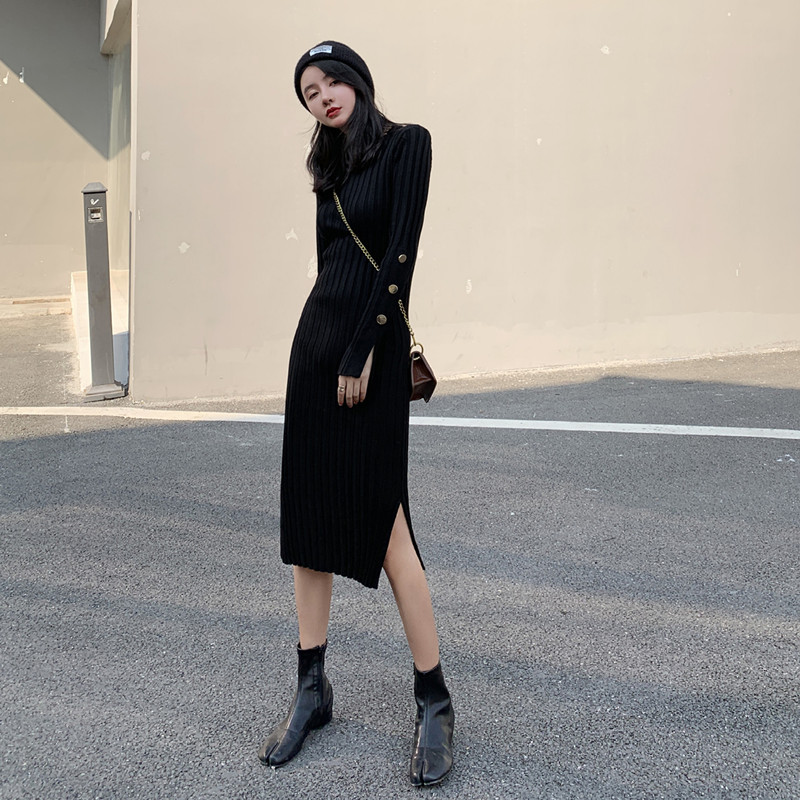 Bottomed Knit Foreign Dress 2022 New Autumn Winter Pop Long Sleeve Open Fork In long version Temperament Base Sweater Dress