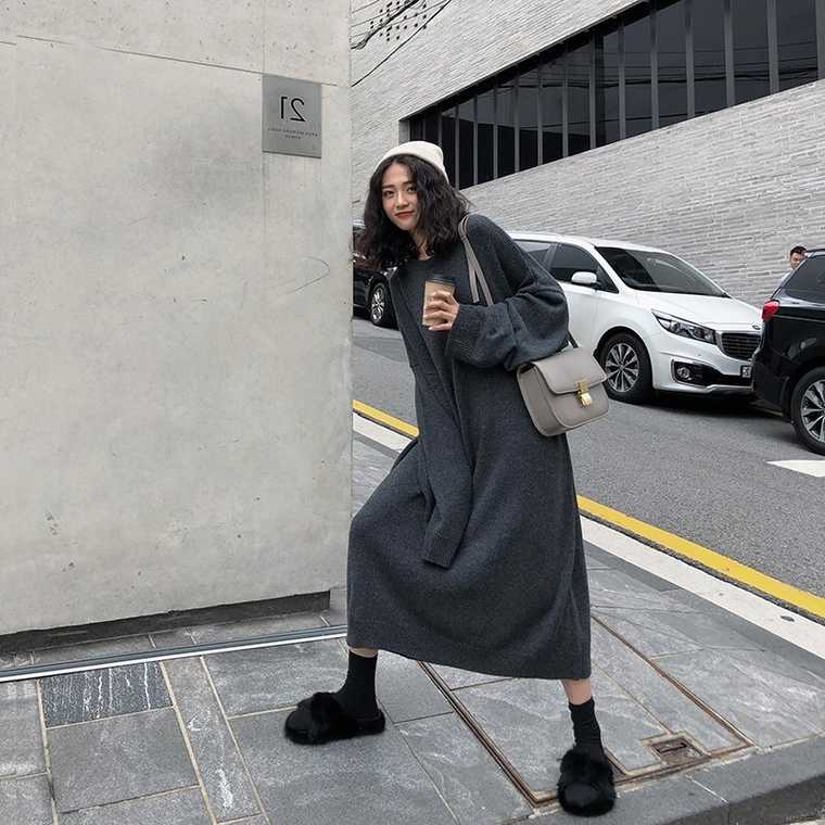 Loose 100 hitch knit foreign dress Women's medium long version of the new nemesis red long sleeve fit for the lazy wind sweater dresses