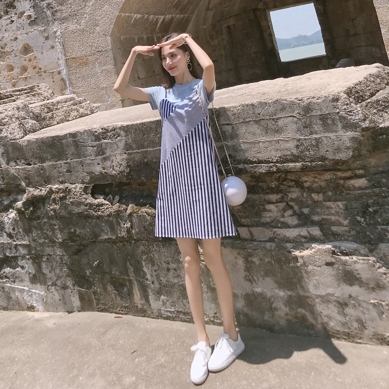 2022 summer dress new pop stripe with long version short sleeve T-shirt skirt little fresh and fake two harnesses foreign dress