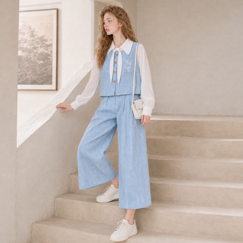 2026 New Autumn Light Blue Tie-Dye Three-Piece Set for Women, Fashionable Korean Style Slimming Shirt, Vest, and Wide-Leg Pants Set