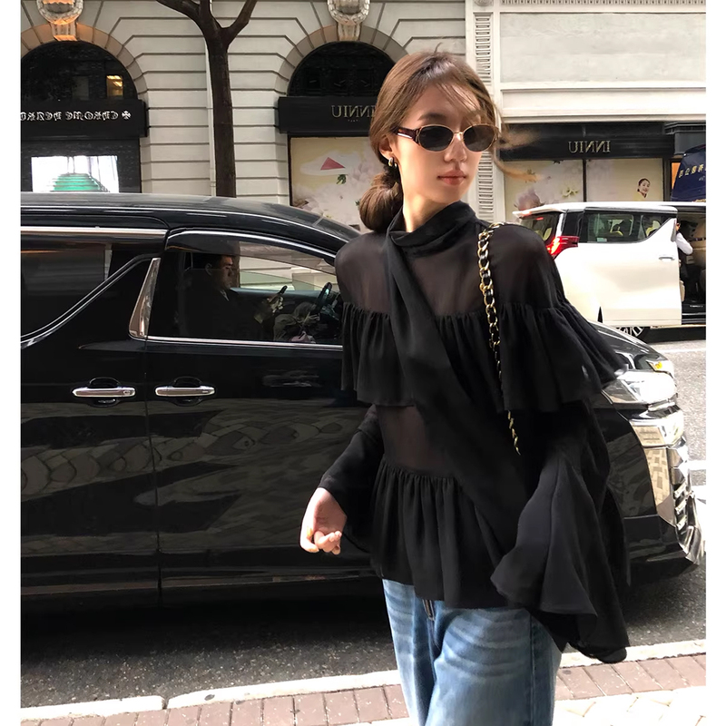 Stylish Spring-Summer Black Ruffled Shirt for Women, Long-Sleeved, Sheer, Layered, Fashionable, Slimming Top, Lightweight Chiffon Blouse