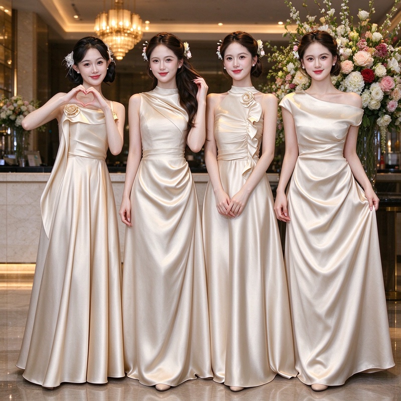 Champagne-Colored Bridesmaid Dresses for Petite Women, 2026 New Style, Wedding Sister Group Satin Dresses, High-End and Niche