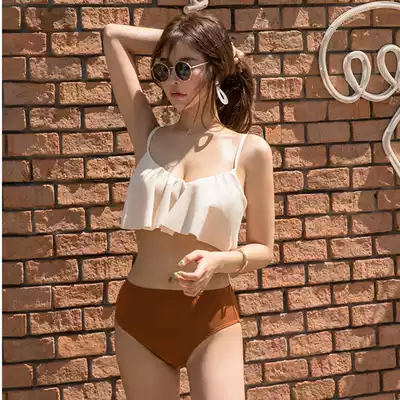 New busty bikini small chest gathered steel tray thickened white high waist belly cover hot spring two-piece swimsuit hot spring