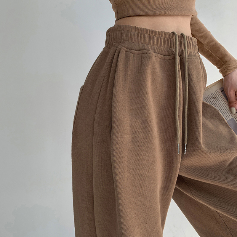 American-Style Street-Style Sweatpants for Women, Fleece-Lined and Thickened, 2023 Autumn and Winter New Straight-Leg Loose Joggers, High-Waisted Cuffed Pants, Trendy