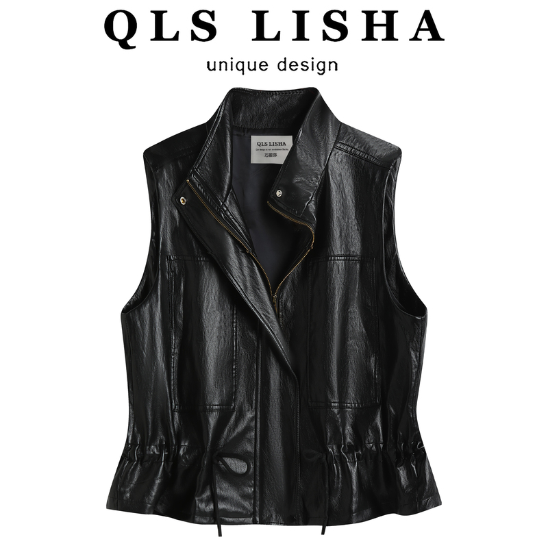 Qiaolisha Retro Stand-Up Collar Leather Vest for Women, New Autumn Style, Waist-Cinching, Vintage Leather Jacket, Slim-Fit Sleeveless Vest Coat