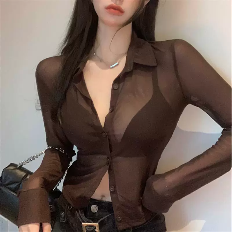 Черная сексуальная тонкая летняя короткая рубашка, защита от солнца