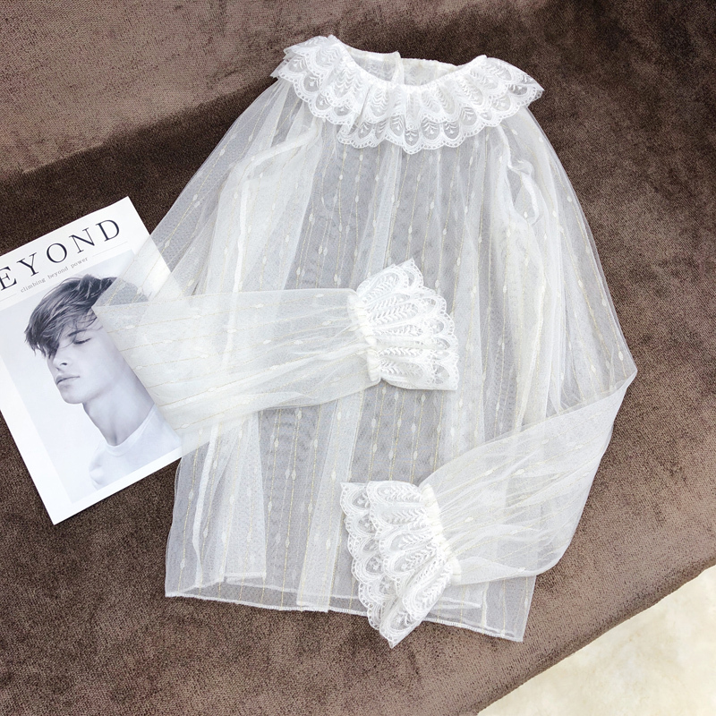Bright Silk Double-Layer Lace Collar Lace Top with Mesh for Women, Very Fairy-Like Blouse, Inner Layer, Fashionable and Stylish New Style Bright Silk Double-Layer Lace Collar Lace Top with Mesh for Women, Very Fairy-Like Blouse, Inner Layer, Fashionable and Stylish New Style
