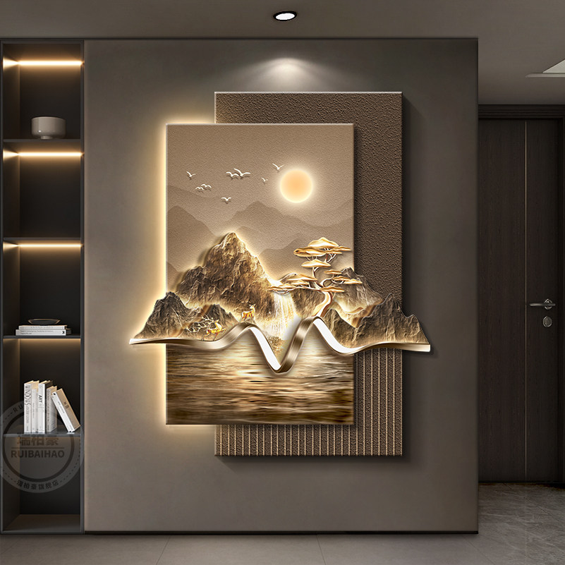 背有靠山入户玄关装饰画led灯轻奢客厅走廊过道挂画高级感山水画
