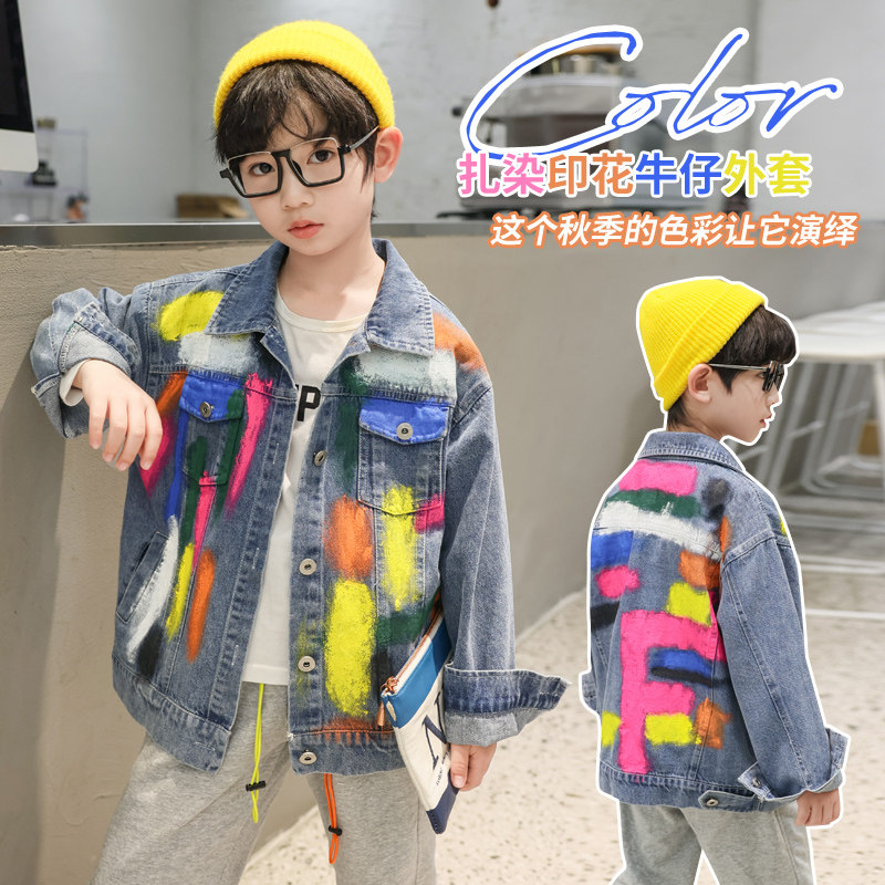 Children Suit Boy Spring Autumn Dress New 2022 CUHK Boy Denim Jacket Fried Street Graffiti Boywear Boy Blouse Tide