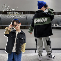 Childrens Spring Clothing 2022 Spring Autumn Season New CUHK Boy Dress Denim Jacket Boomer Clothes Splicing Boy Foreign Air Jacket