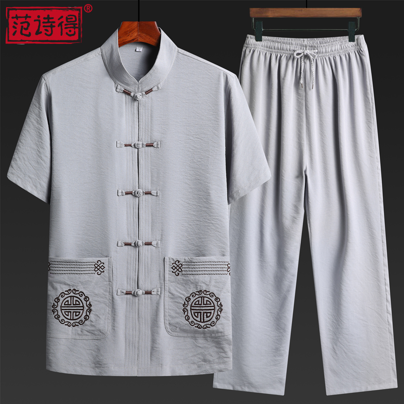 Middle and old people Tang loaded men short sleeves old clothes Summer Grandpa cotton numb suit Chinese wind middle-aged dad and summer clothes