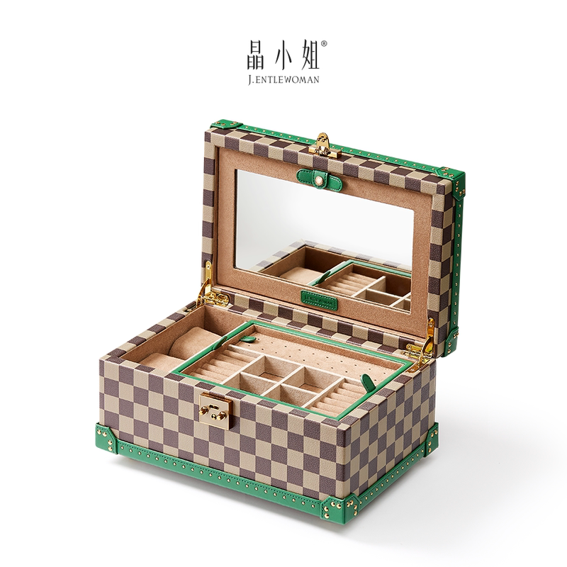 Miss Jing's Vintage Checkerboard High-End Exquisite Lockable Jewelry Gold Wedding Light Luxury Accessories New Jewelry Box Miss Jing's Vintage Checkerboard High-End Exquisite Lockable Jewelry Gold Wedding Light Luxury Accessories New Jewelry Box