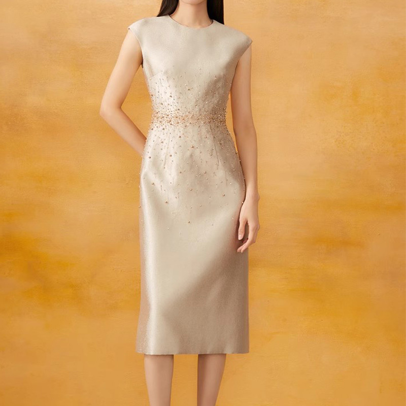Zhuoge Yazhongge 2024 Summer New Champagne Gold Heavy Beaded Galaxy Dress 5C34205880