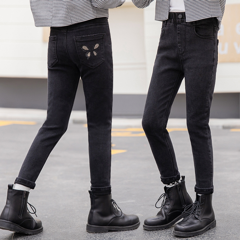 Girls pants autumn winter integrated fleece cotton pants girls slim stretch children plus velvet jeans spring and autumn pencil pants