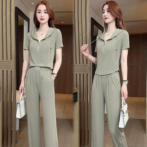 Летние модные штаны с капюшоном с молнией, комплект, на молнии, облегающий крой, короткий рукав, большой размер