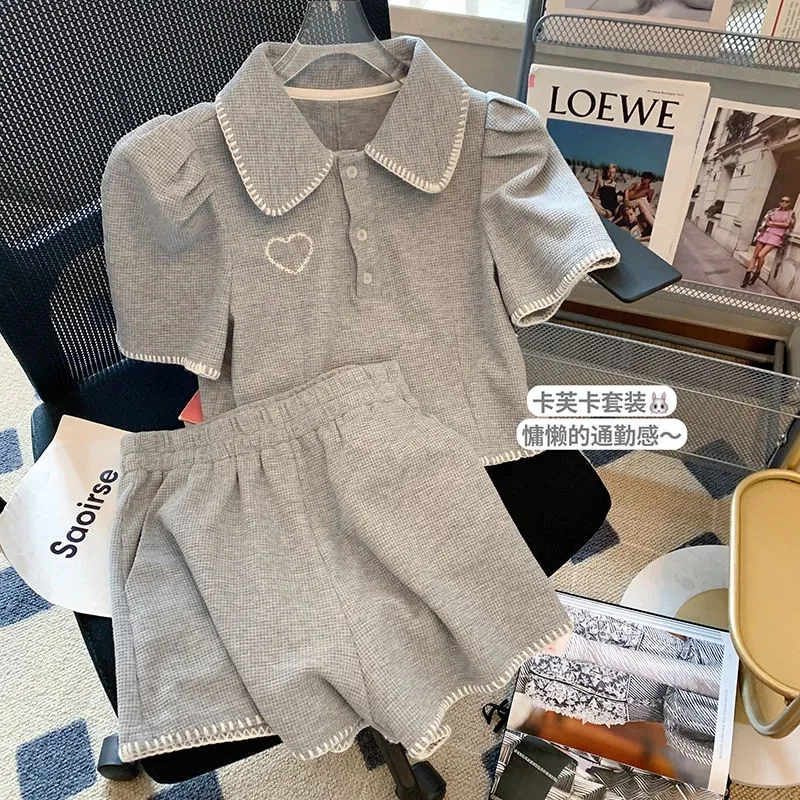 Summer New Style Gray Waffle Doll Collar Puff Sleeve Top Age-Reducing Suit Women's High-Waisted Shorts Two-Piece Set Summer New Style Gray Waffle Doll Collar Puff Sleeve Top Age-Reducing Suit Women's High-Waisted Shorts Two-Piece Set
