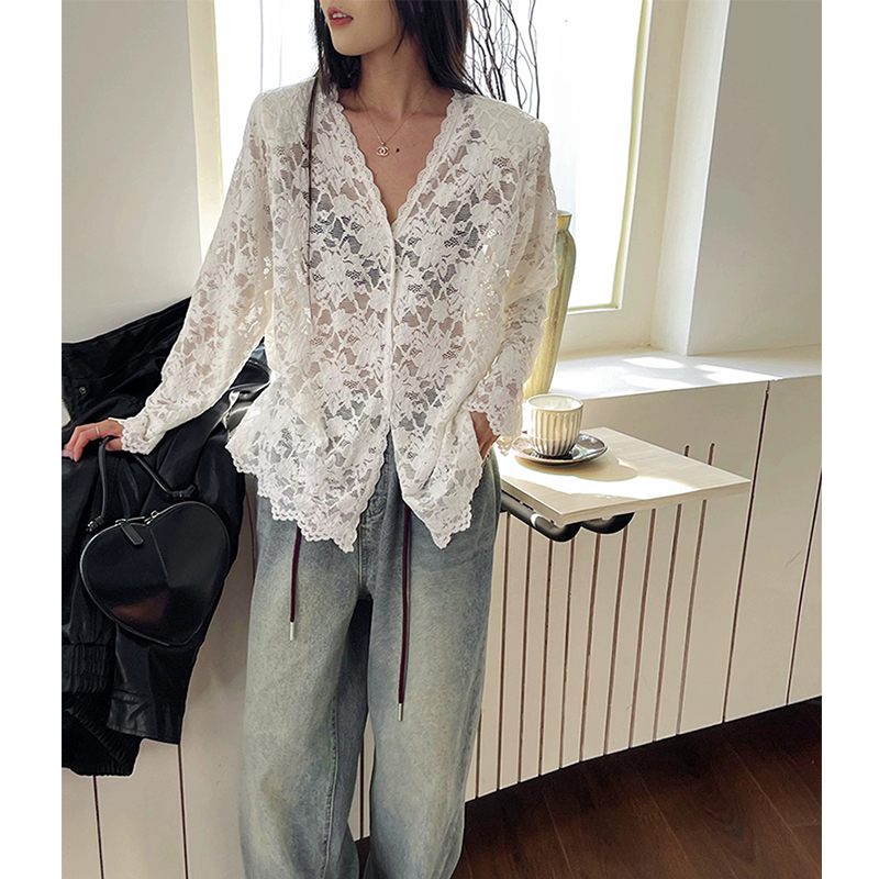 Gentle Style V-Neck Hollow-Out Crochet Long-Sleeve Lace Shirt for Women, 2024 Autumn Stylish Blouse, Unique Top, Trendy
