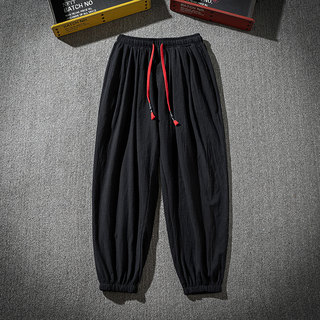 胖子日系松紧腰棉麻裤子男夏季薄款大码哈伦裤宽松束脚亚麻休闲裤